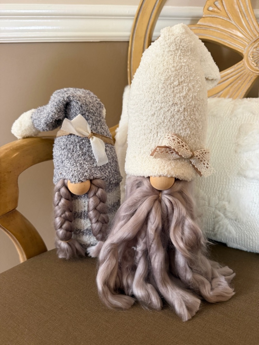 Handmade Plush Gnome Duo in Cream and Gray
